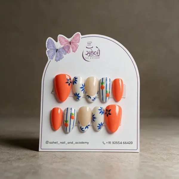 Saheli_Orange_Floral_Botanical_Printed_Press-On_Nails