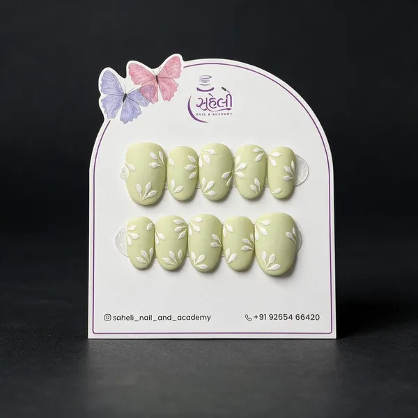 Saheli_Pastel_Green_White_Botanical_Press-On_Nail_Set