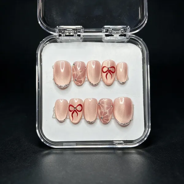 Saheli_Nude_Pink_Bow_Glitter_Tip_Press-On_Nail_Set