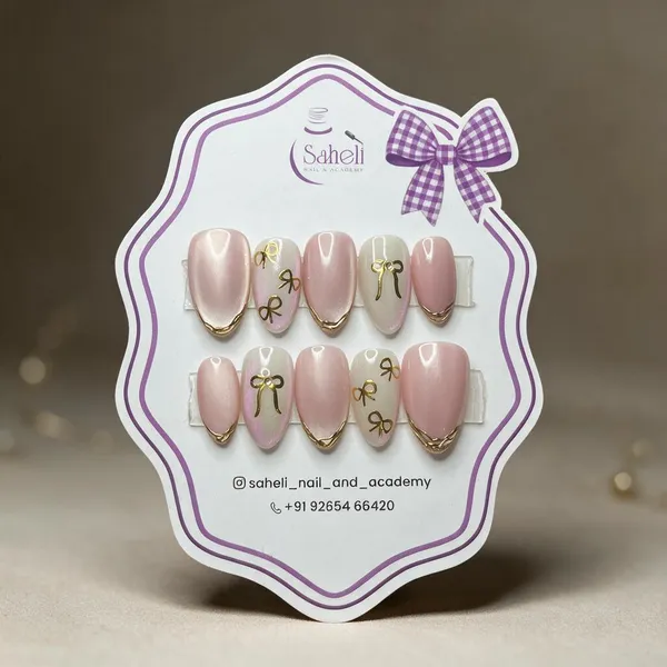 Saheli_Pink_Glossy_Gold_Edge_Purple_Bow_Press-On_Nail_Set
