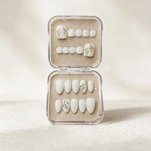 White_Floral_Branch_Pink_Detail_Press-On_False_Nail_Set