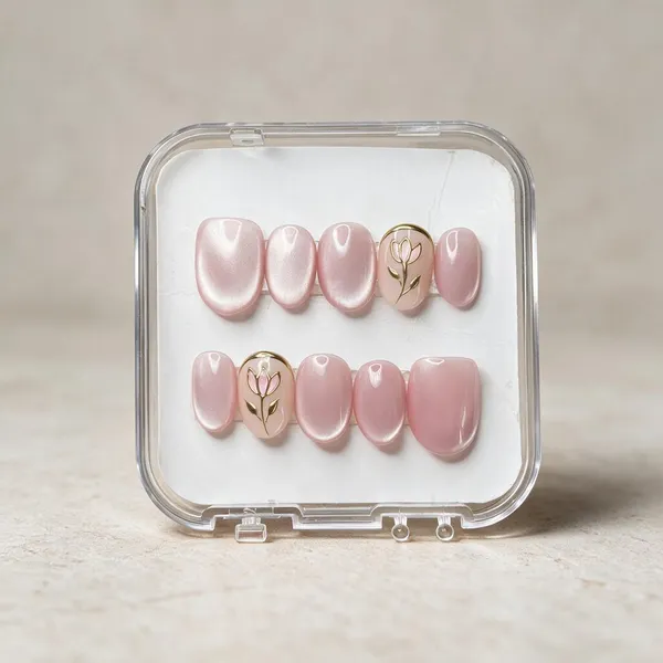 Pink_Glossy_Gold_Floral_Accent_Press-On_Nail_Set