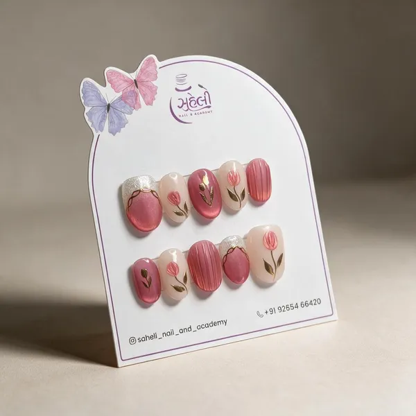 Pink_Nude_Floral_Leaf_Stripe_Glossy_Press-On_Nail_Set