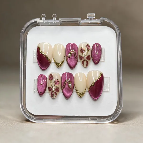 Burgundy_Gold_Floral_Pearl_Embellished_Press-On_Nail_Set