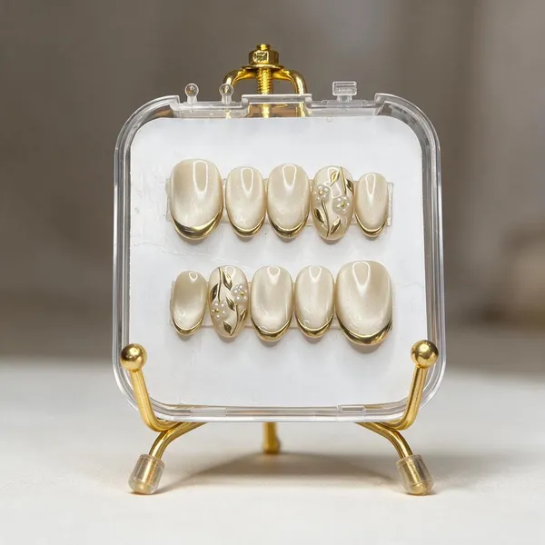 Pearl_White_Gold_Floral_Embellished_Artificial_Nail_Tips_Set