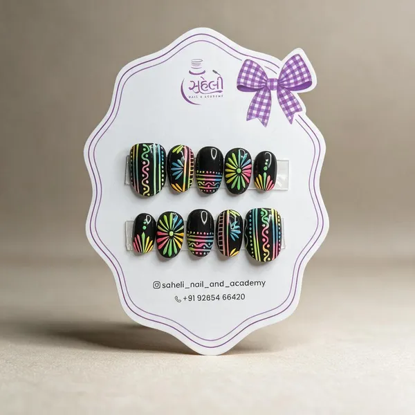 Saheli_Black_Multicolor_Floral_Wave_Printed_Press-On_Nails