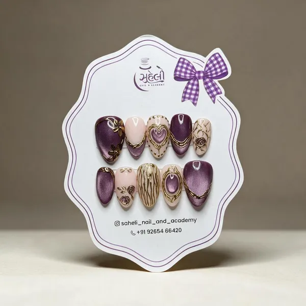 Saheli_Purple_Pink_Floral_Heart_Gold_Detail_Press-On_Nail_Set