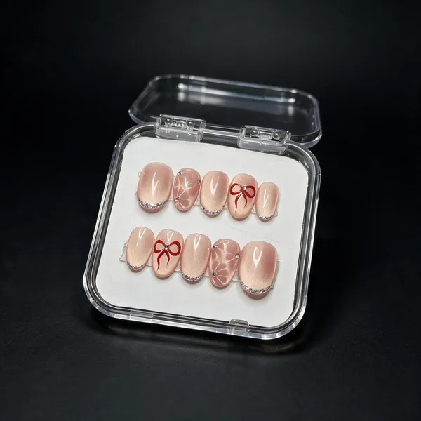 Saheli_Nude_Pink_Red_Bow_Sparkling_Press-On_Nail_Set