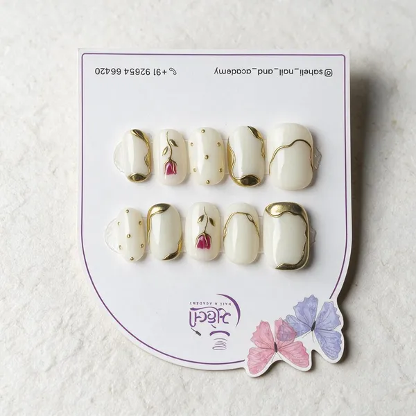 Saheli_Ivory_Gold_Floral_Accent_Glossy_Press-On_Nails
