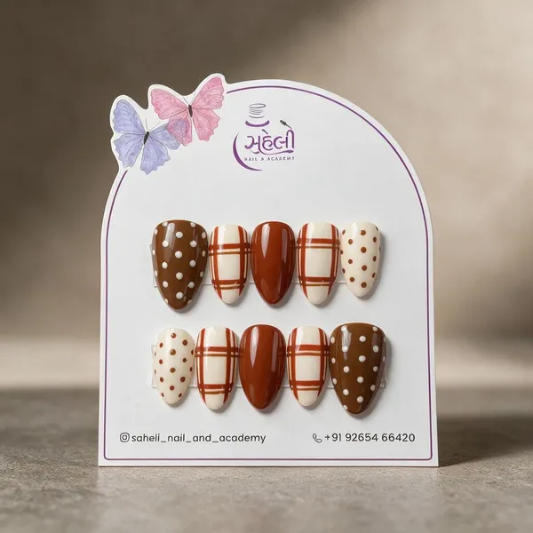 Saheli_Brown_Plaid_Polka_Dot_Printed_Press-On_Nail_Set