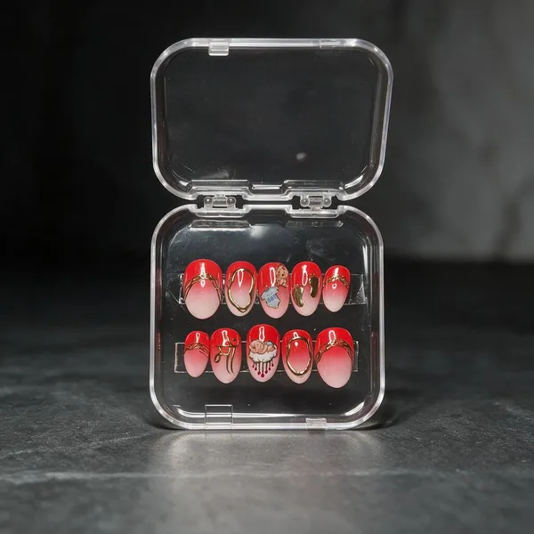 Saheli_Red_Pink_Ombre_Gold_Accent_Press-On_Nail_Set