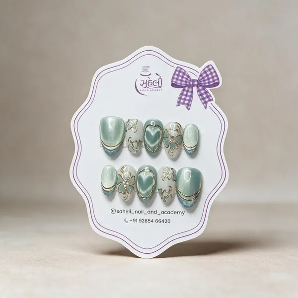 Saheli_Mint_Green_Gold_Floral_Embellished_Press-On_Nail_Set