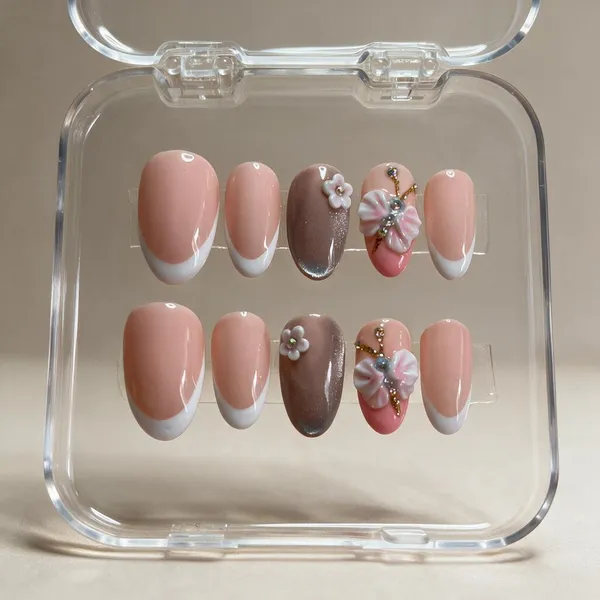 Saheli_Pink_White_French_Tip_3D_Floral_Press-On_Nail_Set