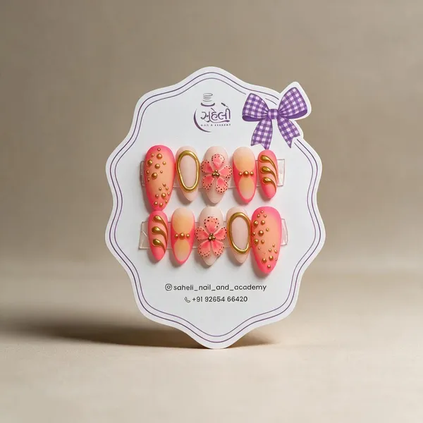 Saheli_Pink_Floral_Bow_Gold_Embellished_Press-On_Nails
