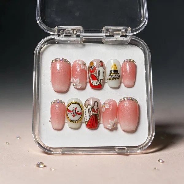 Saheli_Pink_Gradient_Bow_Rhinestone_Press-On_Artificial_Nail_Set