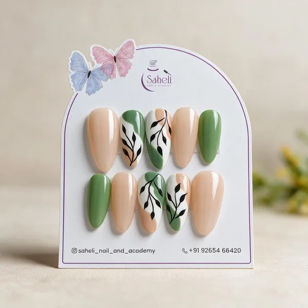Saheli_Green_Nude_Almond_Botanical_Floral_Press-On_Nail_Tips
