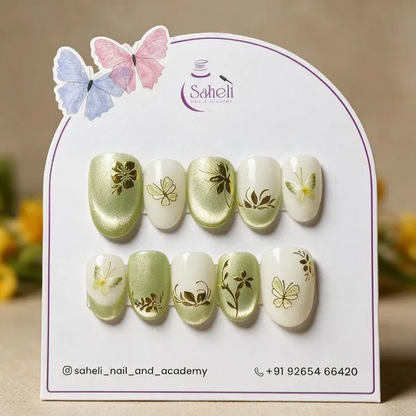 Saheli_Green_White_Botanical_Floral_Press-On_Nail_Set_Of_10