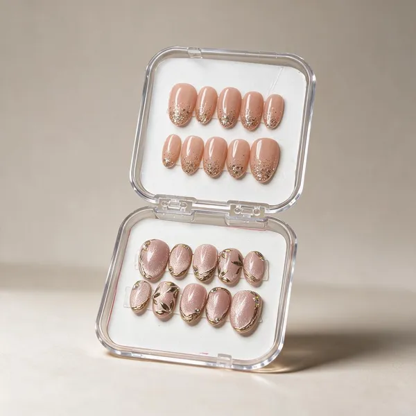 Saheli_Pink_Glitter_Almond_Gold_Embellished_Press-On_Nail_Set_Of_10
