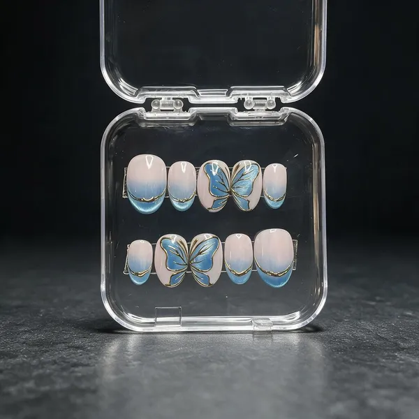 Saheli_Blue_White_Ombre_Butterfly_Gold_Detail_Press-On_Nail_Set_Of_10
