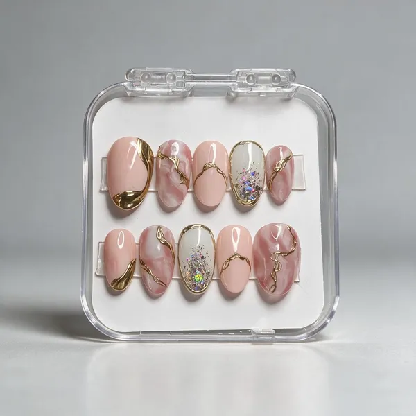 Saheli_Nude_Pink_Gold_Marble_Glitter_Press-On_Nail_Set_Of_10