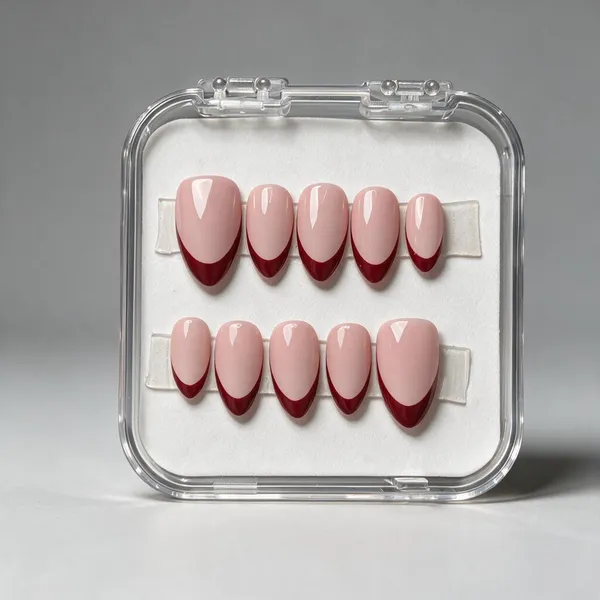 Saheli_Pink_Burgundy_French_Tip_Almond_Press-On_Nail_Set_Of_10