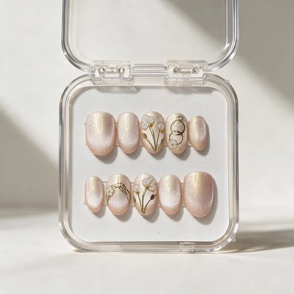 Saheli_Pink_Shimmer_Floral_Metallic_Press-On_Nail_Set_Of_10