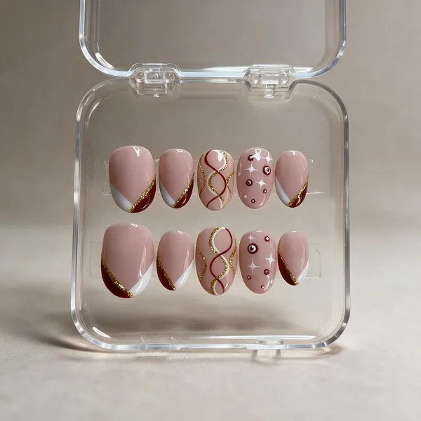 Pink_Glossy_Decorative_False_Nail_Set_With_Gold_Accents