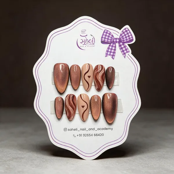 Saheli_Brown_Mauve_Almond_Marble_Bow_Press-On_Nails