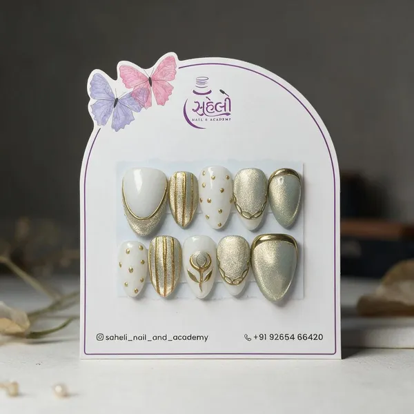Saheli_White_Gold_Floral_Dotted_Press-On_Nail_Set