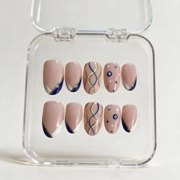 Pink_Blue_Gold_French_Tip_Star_Motif_Press-On_Nail_Set