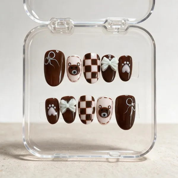 Brown_Teddy_Bear_Paw_Print_Glossy_Press-On_Nail_Set