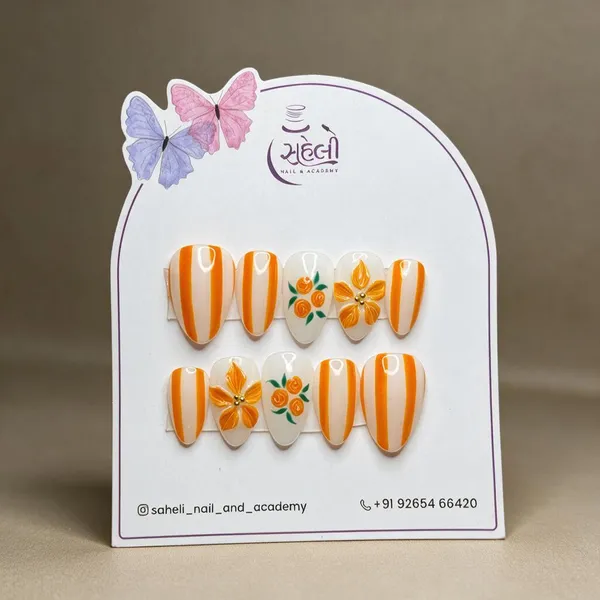 Orange_White_Floral_Striped_Press-On_Nail_Tips