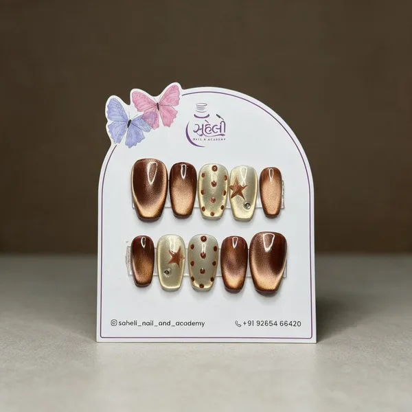 Saheli_Nail_Academy_Brown_Gold_Metallic_Press-On_Nails