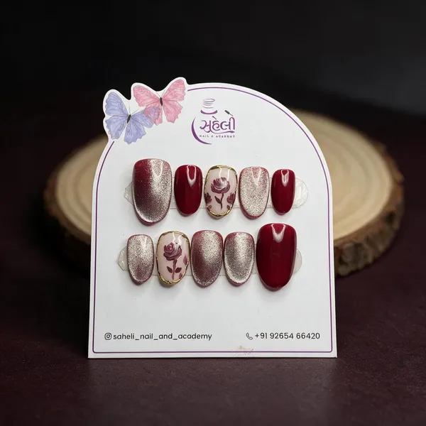 Saheli_Nail_Academy_Burgundy_Rose-Gold_Floral_Press-On_Nails