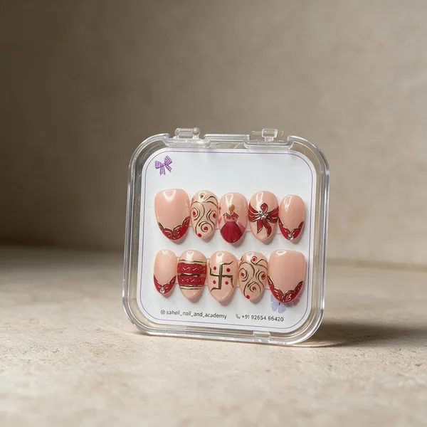 Nude_Pink_Red_Gold_Decorative_Artificial_Press-On_Nails