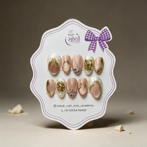 Nude_Gold_Glitter_Floral_Embellished_Nail_Art_Press-On_Nails