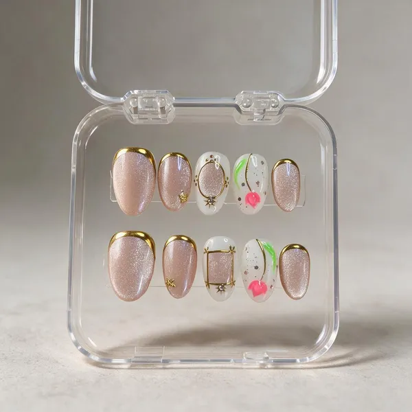 Nude_Shimmer_Gold_Tip_Floral_Embellished_Press-On_Nails