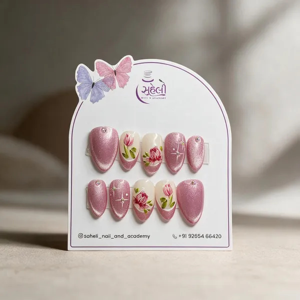 Saheli_Pink_Glitter_Floral_Rhinestone_Press-On_Nail_Set