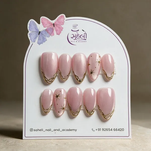 Saheli_Pink_Glossy_Gold_Accent_Press-On_Nails