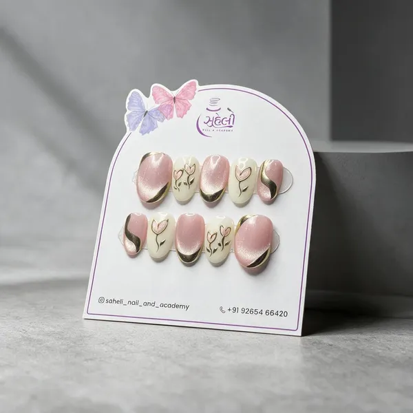 Saheli_Pink_Cream_Floral_Gold_Accent_Press-On_Nails