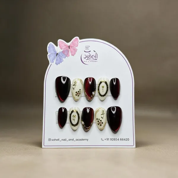 Saheli_Maroon_Ivory_Floral_Gold_Accent_Press-On_Nails