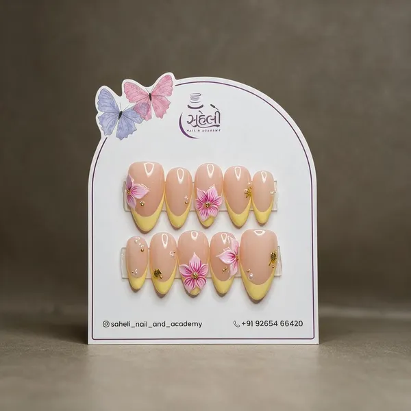 Saheli_Yellow_French_Tip_Floral_Gold_Press-On_Nails