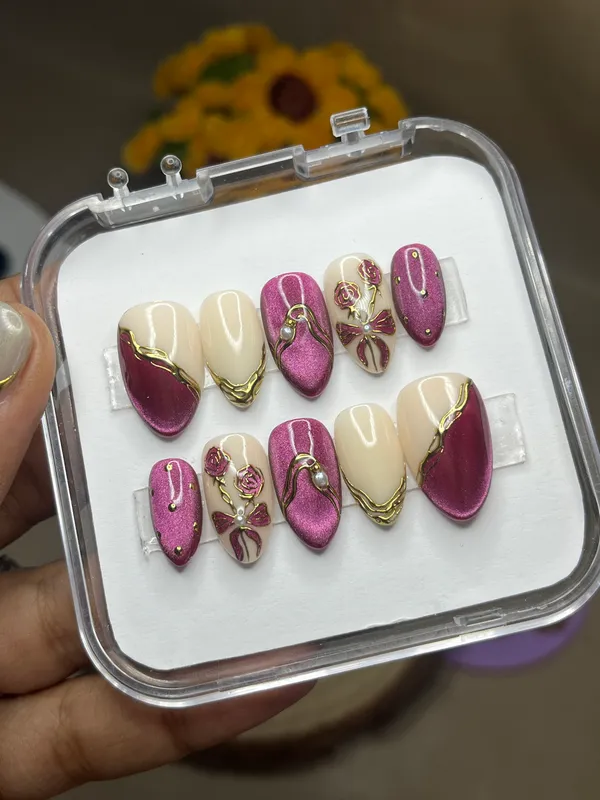 Burgundy_Gold_Floral_Pearl_Embellished_Press-On_Nail_Set
