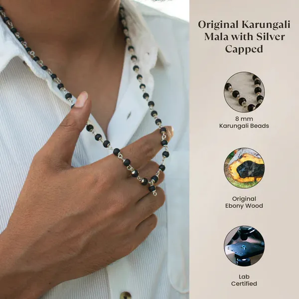 Black_Ebony_Wood_Sterling_Silver_Karungali_Mala_&_Chain_Bracelet_Set