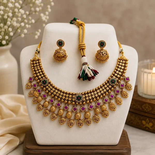 Gold_Plated_Brass_Temple_Jewellery_Stone_Accent_Necklace_Set_For_Women