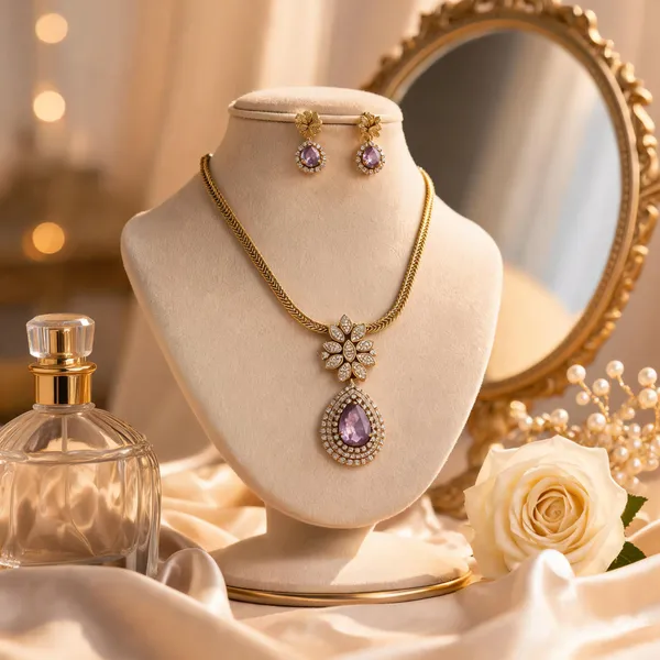Gold_Plated_Purple_Stone_Floral_Necklace_And_Earring_Set_For_Women