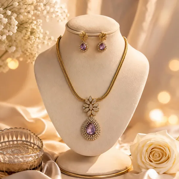 Gold_Plated_Purple_Stone_Floral_Necklace_And_Earring_Set_For_Women