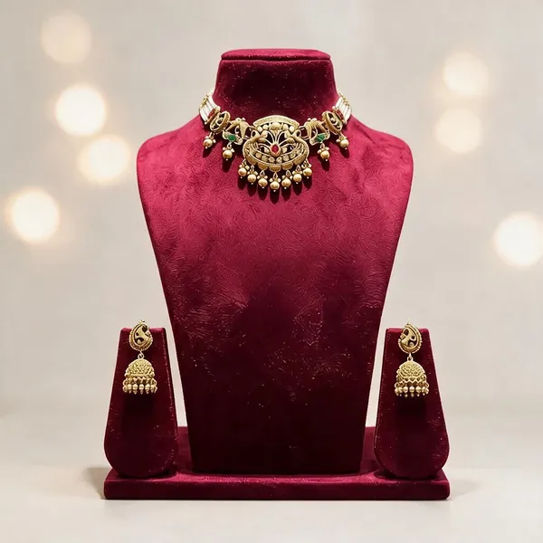 Gold_Plated_Traditional_Floral_Necklace_And_Earrings_Set_For_Women