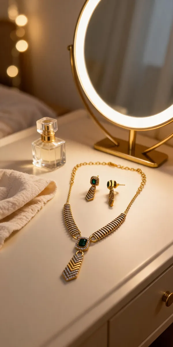 Gold_Plated_Brass_Green_Stone_Chevron_Drop_Necklace_And_Earrings_Set_For_Women