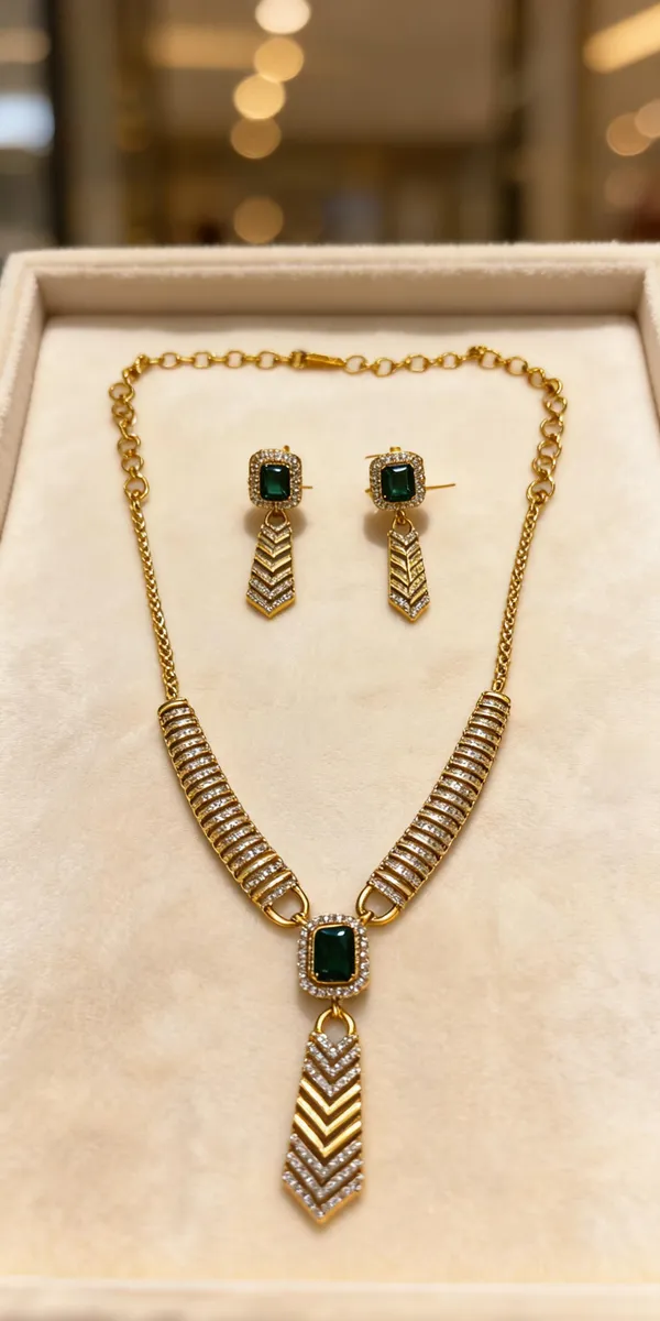 Gold_Plated_Brass_Green_Stone_Chevron_Drop_Necklace_And_Earrings_Set_For_Women